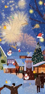 Festive winter scene with fireworks, snow, and village houses at night.