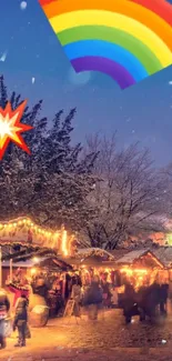 Festive winter scene with lights and snow at a Christmas market.