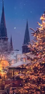 Winter scene with lit Christmas tree and snowy village.