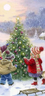 Children decorating Christmas tree in snowy winter setting.