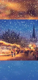 Festive Christmas market at night with snowflakes and vibrant lights.