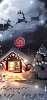 Festive snow-covered cabin with candy canes and a moonlit sky.