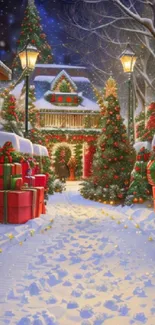 Snowy festive path with gifts and trees, perfect for winter holidays.