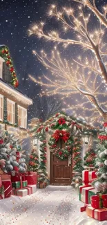 Festive holiday scene with snow and decorated trees.