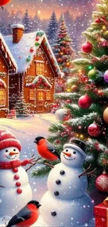 Festive winter scene with snowmen, Christmas tree, gifts, and cozy homes.