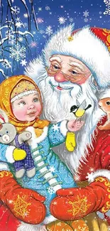 Santa holding child with winter animals, snowflakes around.