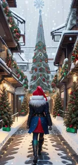 Festive street with decorated Christmas tree and snowfall.