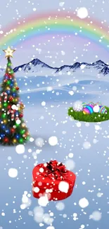 Festive winter mobile wallpaper with rainbow and Christmas tree.