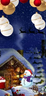 Festive winter wallpaper with a cozy cabin, snow, and holiday ornaments.