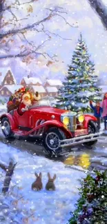 Santa driving through a snowy village with Christmas tree and family.