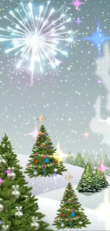 A snowy Christmas landscape with trees and fireworks.