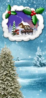 Winter wallpaper with Santa, sleigh, and snow-covered trees.