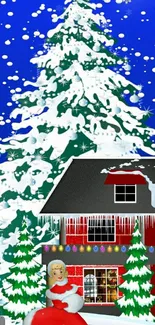 Festive winter scene with a snowy tree and decorated cottage.