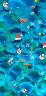 Festive blue winter wallpaper with snowmen and reindeer.