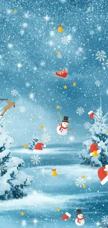 Festive winter wallpaper with snowflakes and snowmen in a snowy landscape.