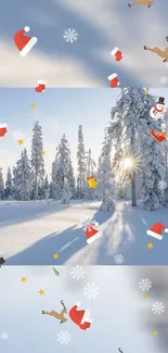 Snowy forest with Christmas decorations and sunlight.