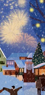 Festive winter village with fireworks and snowflakes in a cozy evening scene.