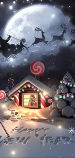 Festive winter mobile wallpaper with Santa and gingerbread house.