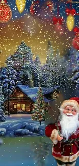 Santa Claus in a snowy cabin scene with festive Christmas lights.