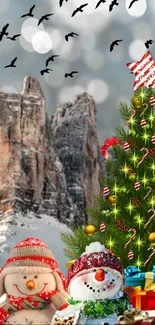 Cheerful snowmen with a Christmas tree by snowy mountains.