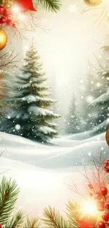 Festive snowy landscape with decorated trees.