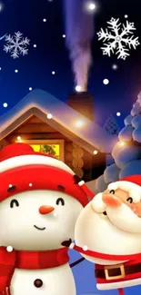 A festive wallpaper with Santa, a snowman, and a cozy cabin under a starry sky.