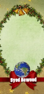 Festive Christmas wreath wallpaper with bells and red ribbon.