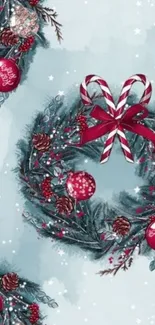 Christmas wreath mobile wallpaper with candy canes.