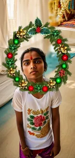 Child with a festive wreath in a traditional setting.