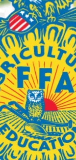 FFA emblem wallpaper in blue and yellow featuring agricultural themes.