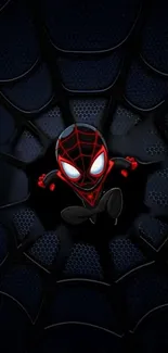 Vibrant cartoon spider on digital wallpaper with web design.