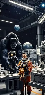 Gorillas and astronaut in space lab