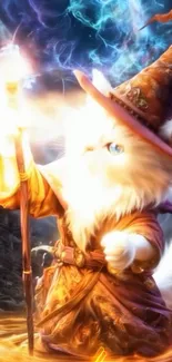 Whimsical feline wizard casting spells in a magical scene.