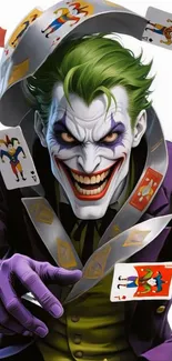 Joker with playing cards and vibrant colors in a dynamic composition.