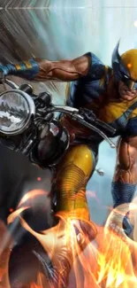 Superhero rides motorcycle through flames in vibrant, dynamic wallpaper.