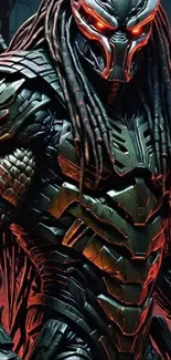 Intense alien warrior with dark armor and red glowing eyes.