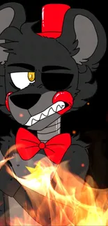 Animated bear with fiery background and red accents.