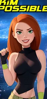 Animated heroine with cosmic background wallpaper for mobile.