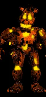 Glowing animatronic figure on dark background.