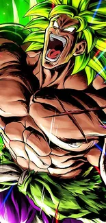 Fierce anime character with green hair and muscular build in dynamic pose.