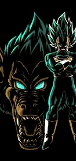 Anime character with fierce energy in a dynamic pose on a black background.