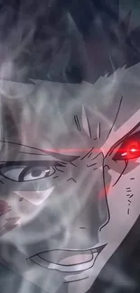 Anime character with red eyes in a smoky, intense scene.