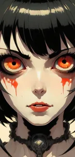 Anime demon girl with red eyes and horns, dark artistic illustration.