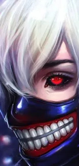 Anime character with white hair and a dark mask, vivid red eye.