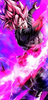 Anime character with pink energy aura and dark background.