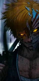 Anime warrior with intense gaze and dark atmosphere.