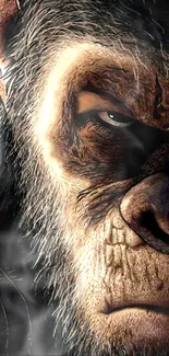 Fierce and detailed ape face with dark earthy tones.