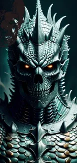 Armored dragon-skull warrior with glowing eyes and spiky armor in dark theme.