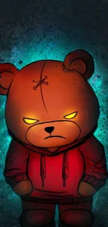 Fierce bear in red hoodie with glowing eyes on a dark, cyan background.