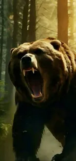 Roaring brown bear in a sunlit forest setting, capturing the essence of wilderness.